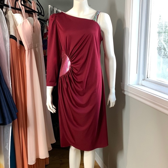 Vintage 70s 80s Disco Party Red Dress Sequin One shoulder - Picture 3 of 11